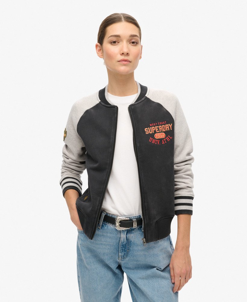 カレッジ スクリプト グラフィック ジャージー ボンバー ジャケット(ブラック)