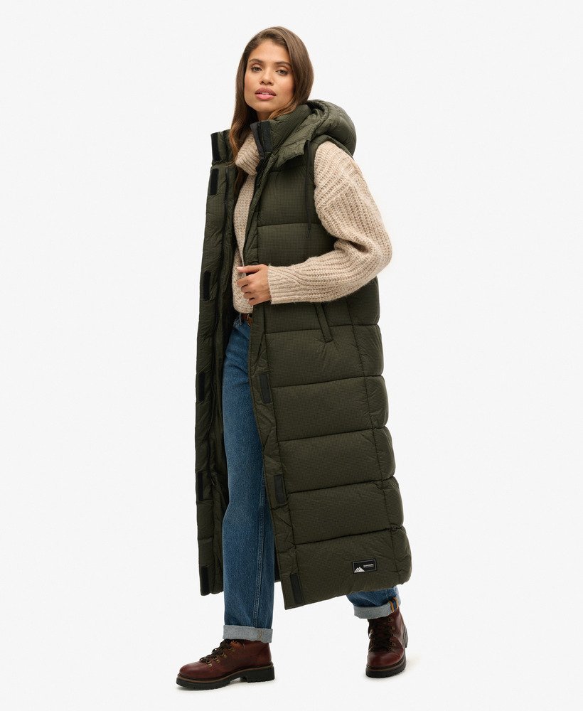 カーキグリッドのフード付きリップストップロングラインジレ