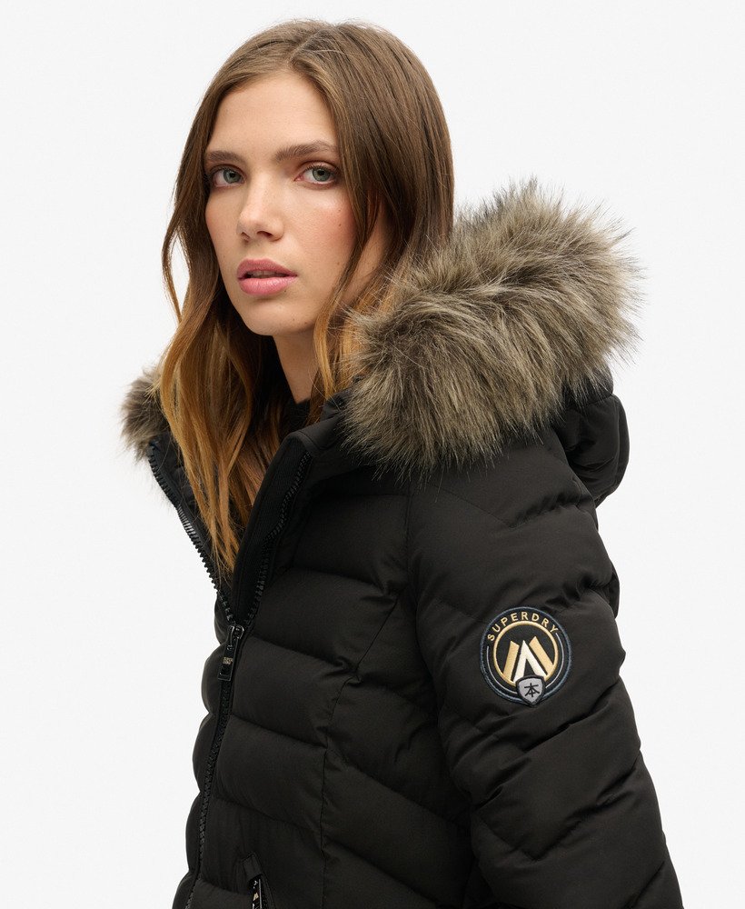 fuji フェイクファーフード付きミドル丈パファーコート(ブラック)