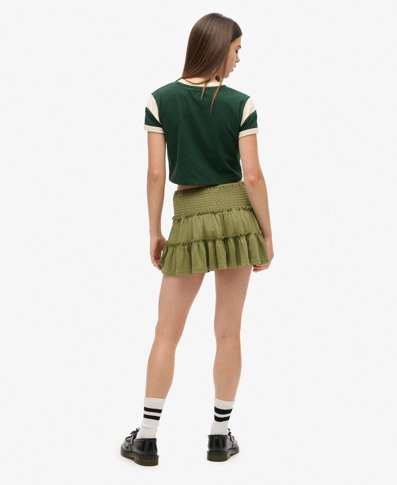 オリーブカーキのティアードジャージーミニスカート