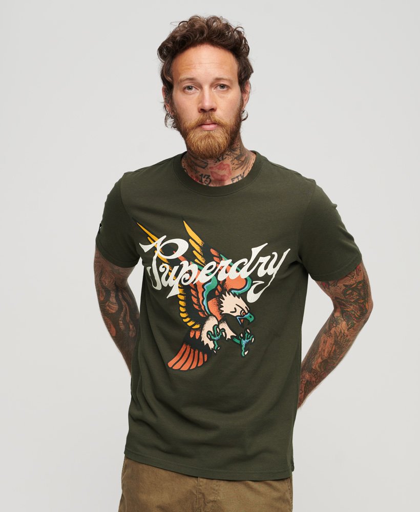 タトゥー スクリプト フロントプリント tシャツ(ダークグレーグリーン)