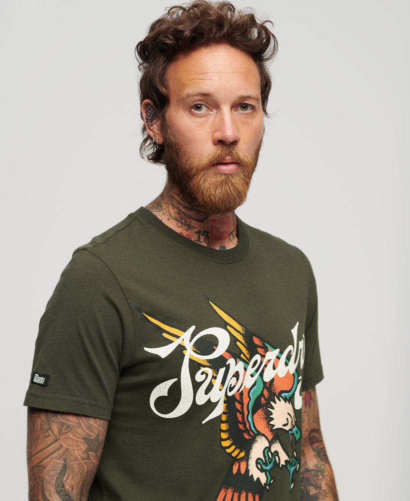 タトゥー スクリプト フロントプリント tシャツ(ダークグレーグリーン)