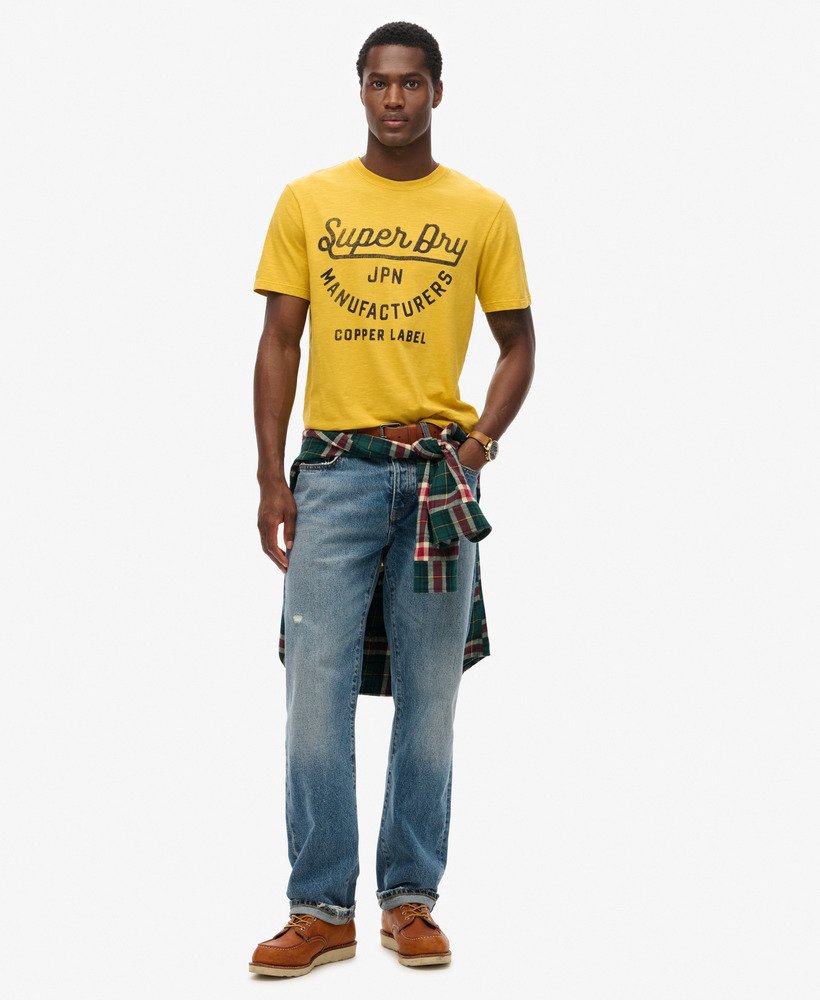 ピグメントイエロースラブの銅ラベルスクリプトtシャツ