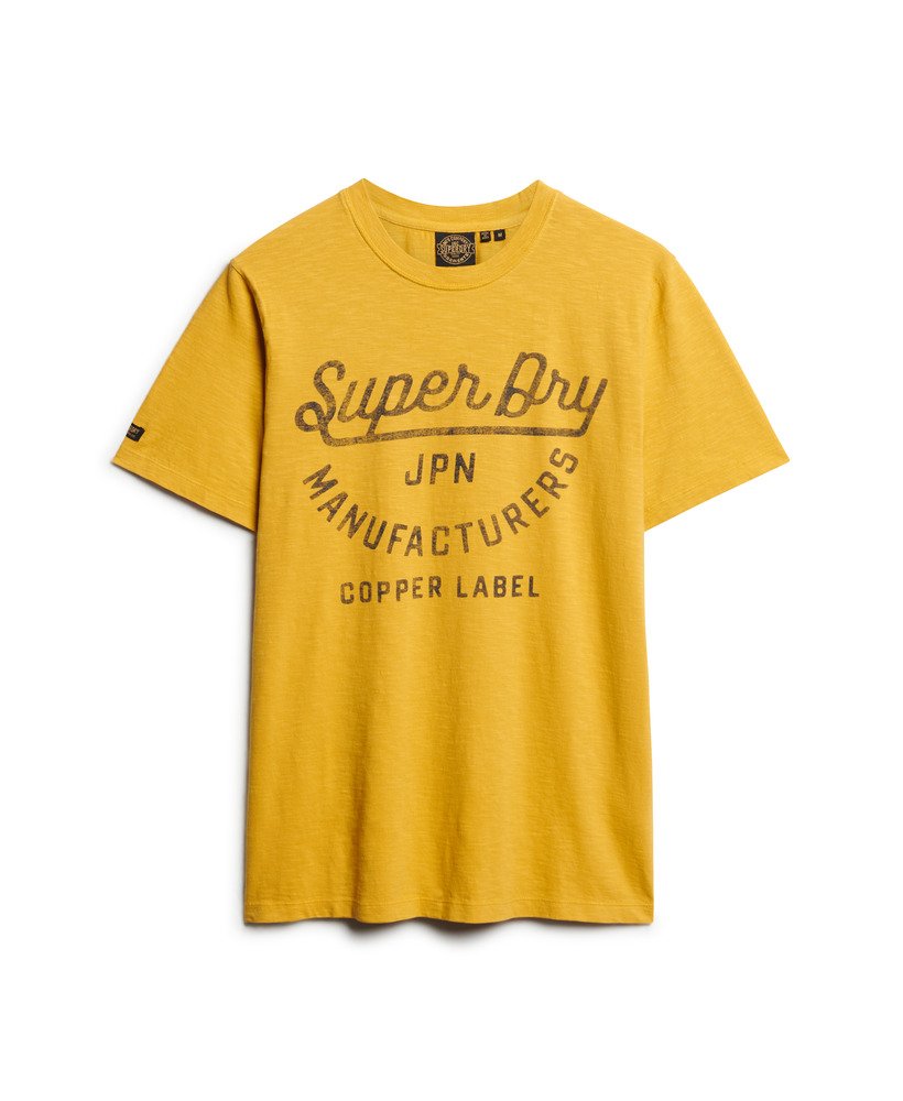 ピグメントイエロースラブの銅ラベルスクリプトtシャツ