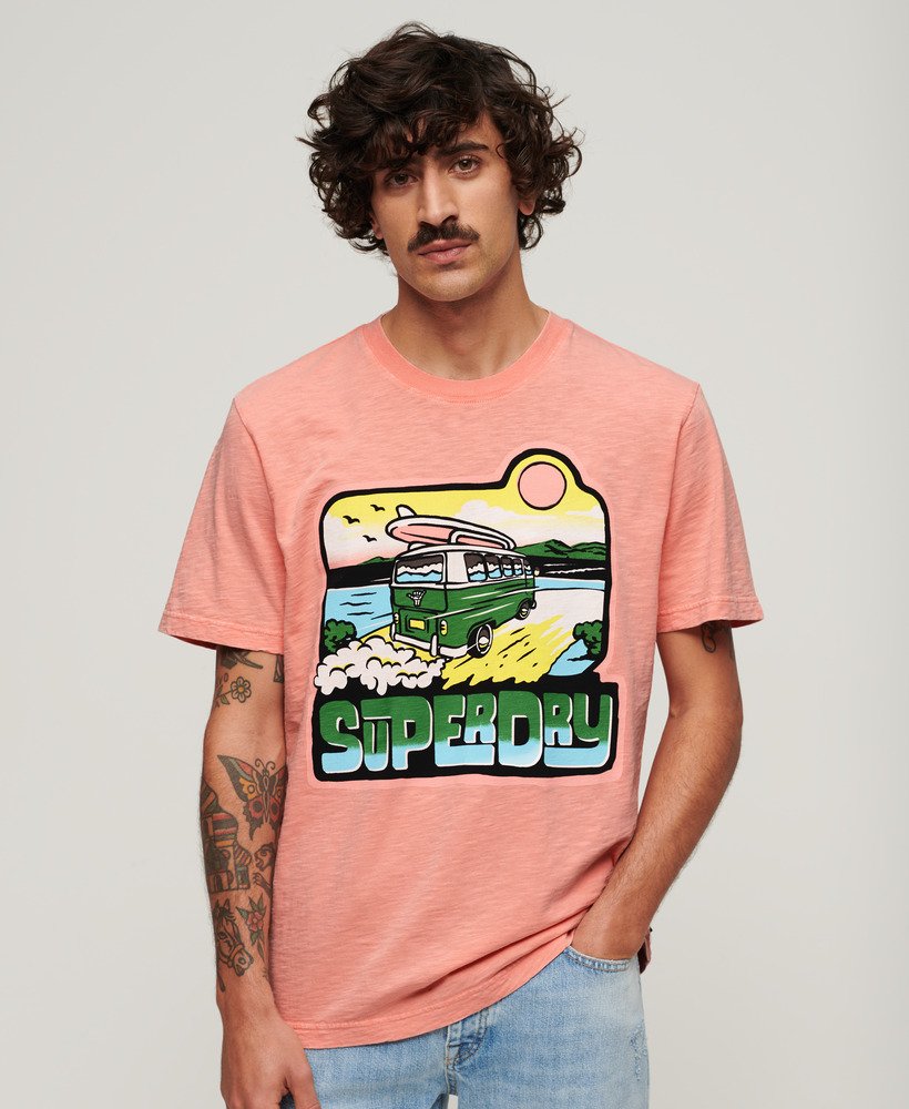 ネオントラベルグラフィックルーズtシャツ(ピーチアンバーピンクスラブ)