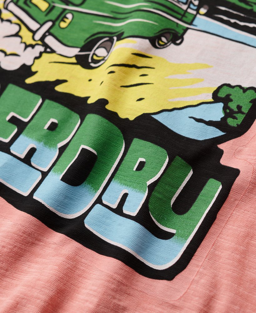 ネオントラベルグラフィックルーズtシャツ(ピーチアンバーピンクスラブ)