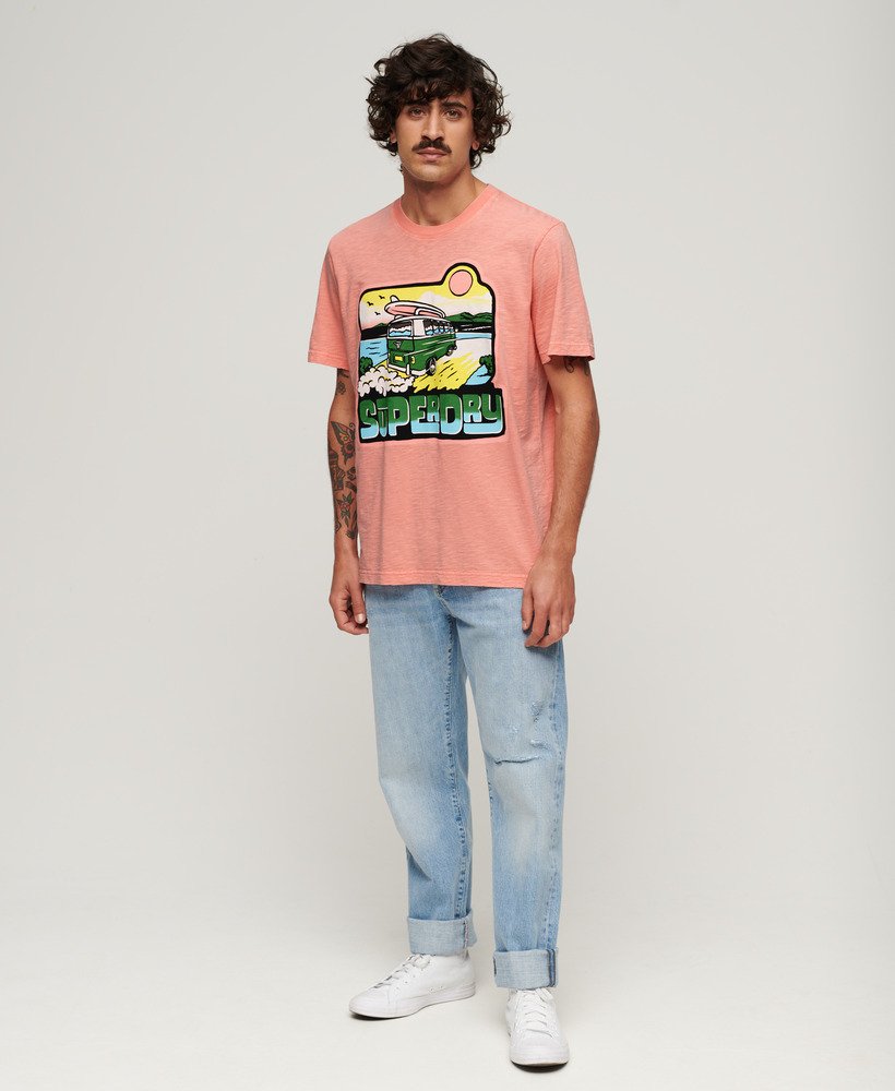 ネオントラベルグラフィックルーズtシャツ(ピーチアンバーピンクスラブ)