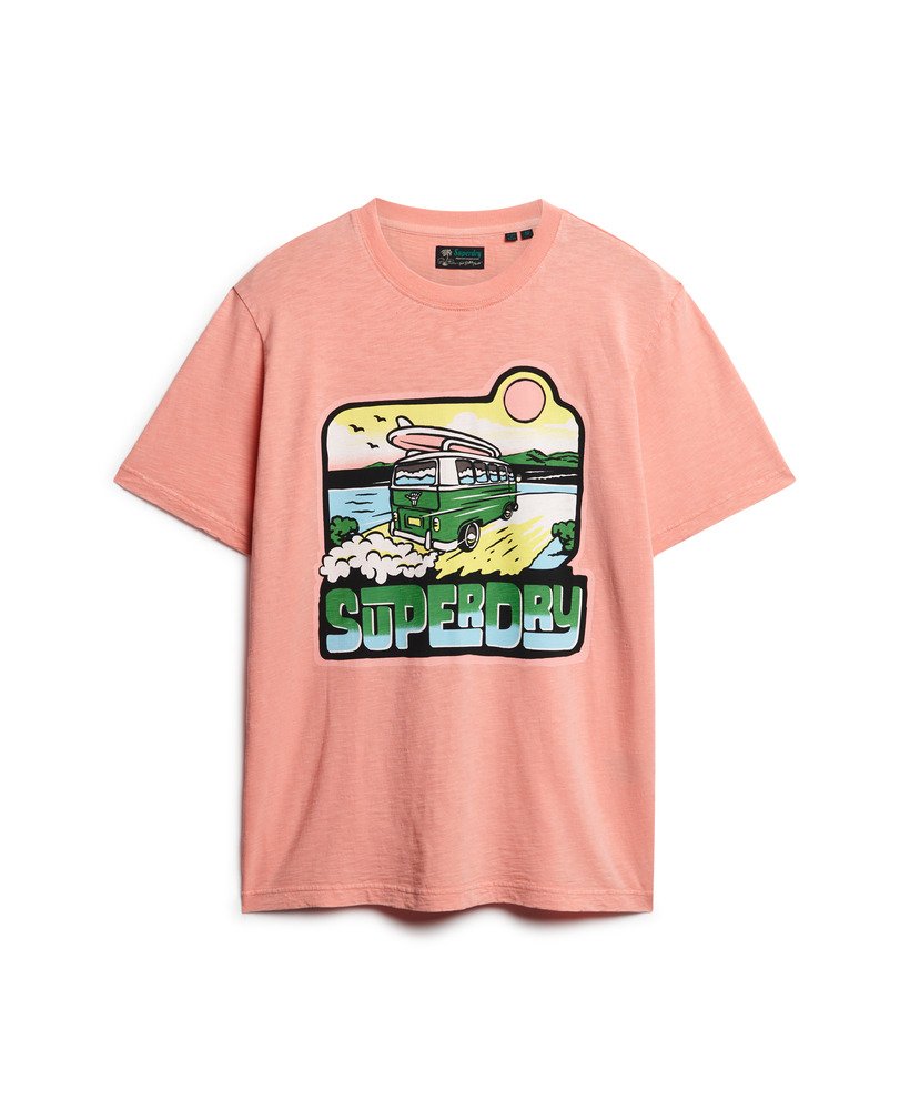 ネオントラベルグラフィックルーズtシャツ(ピーチアンバーピンクスラブ)