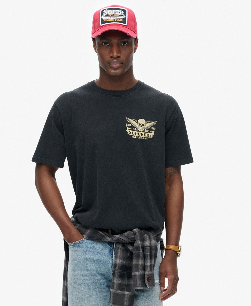 バイカーロックグラフィックルーズtシャツ(ヘビーメタルブラック)
