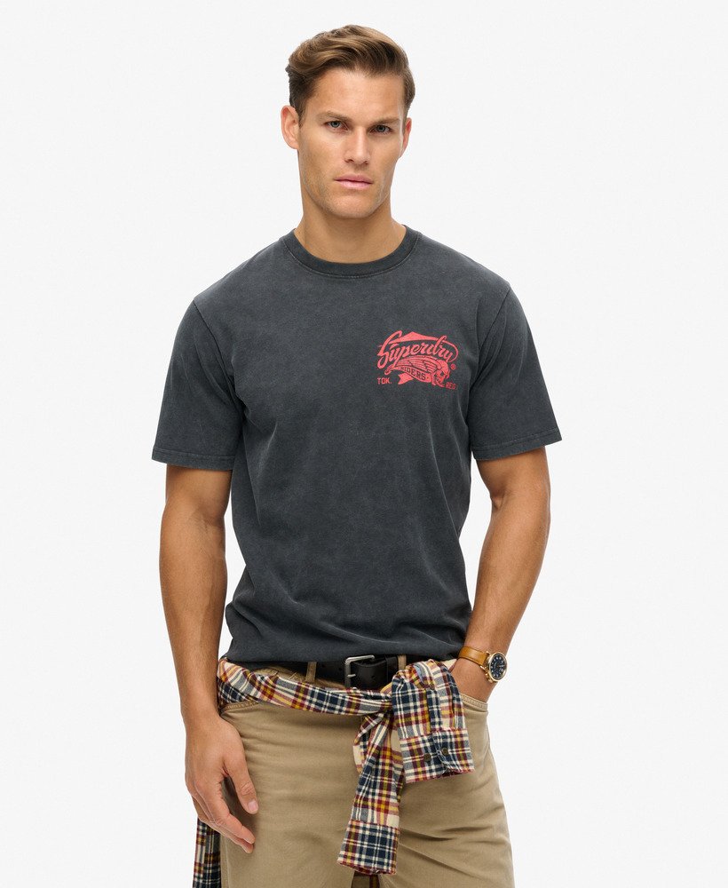 バイカーロックグラフィックルーズtシャツ(ミッドバック、ブラック)