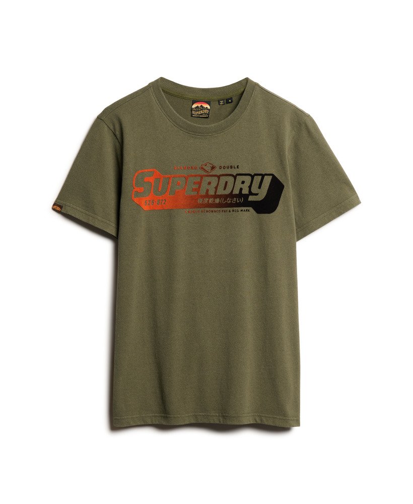 カーキグリーンマールのフロック加工フェードグラフィックtシャツ