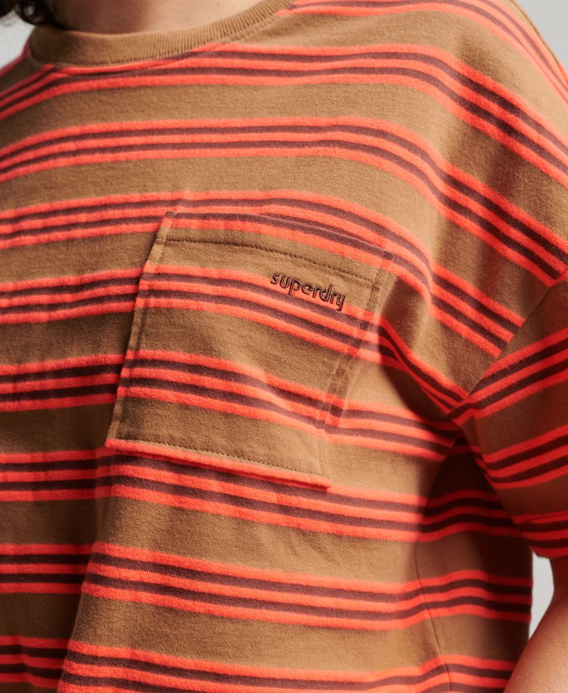 オーガニックコットン ヴィンテージ ボックスタイフロントtシャツ(デニムコタバコブラウンストライプ)