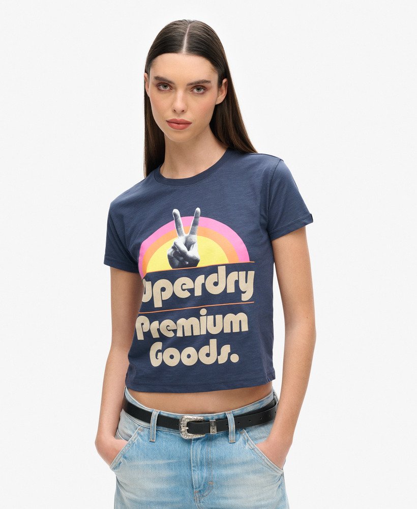 70年代レトロロゴグラフィックtシャツ(lauren navy)