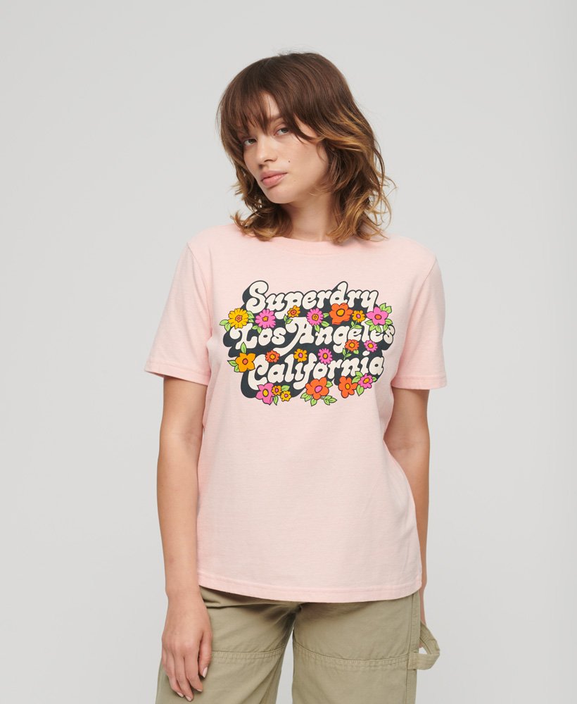 70年代フローラルスクリプトロゴtシャツ(ソモンピンクマーブル)