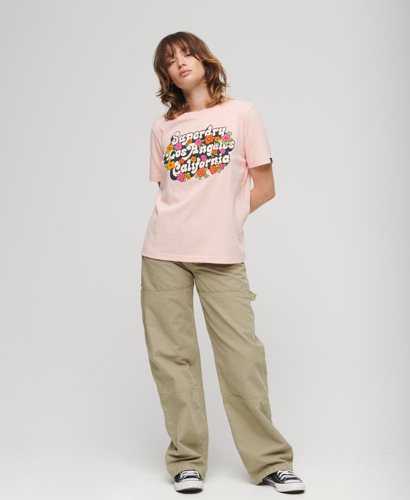 70年代フローラルスクリプトロゴtシャツ(ソモンピンクマーブル)