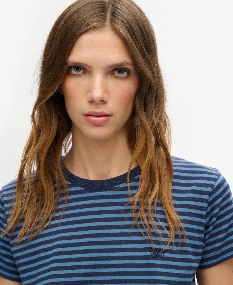 エッセンシャル ロゴ ストライプ フィット tシャツ(ウェッジウッドブルーリッチストネイビーストライプ)