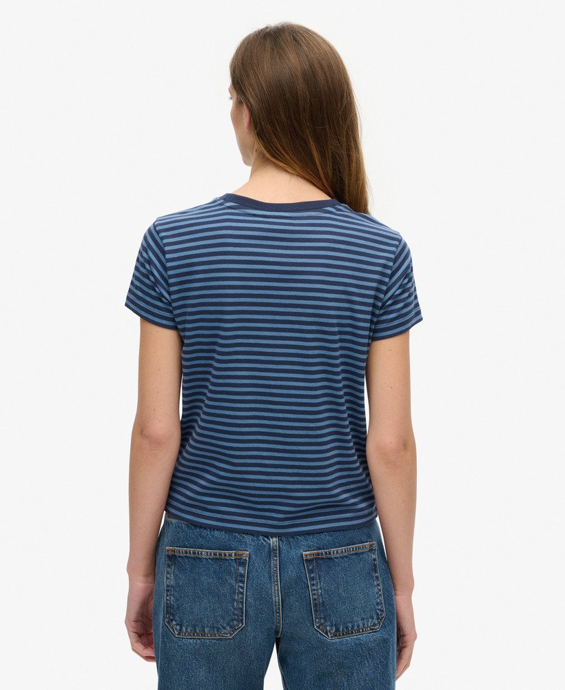 エッセンシャル ロゴ ストライプ フィット tシャツ(ウェッジウッドブルーリッチストネイビーストライプ)