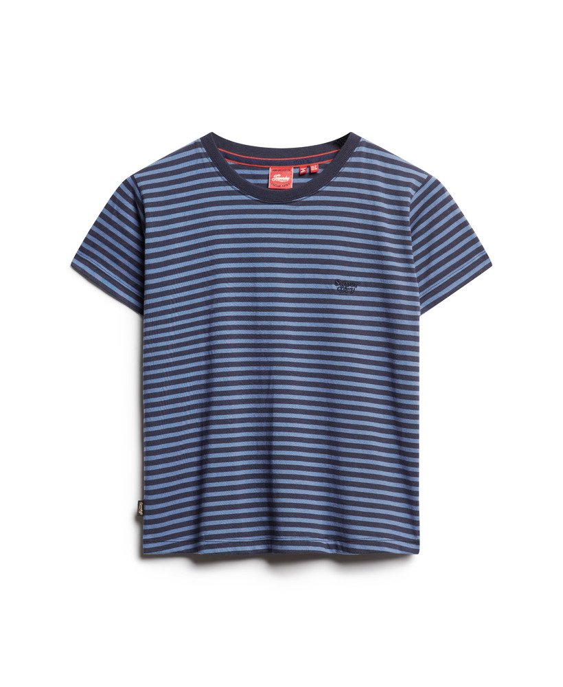 エッセンシャル ロゴ ストライプ フィット tシャツ(ウェッジウッドブルーリッチストネイビーストライプ)