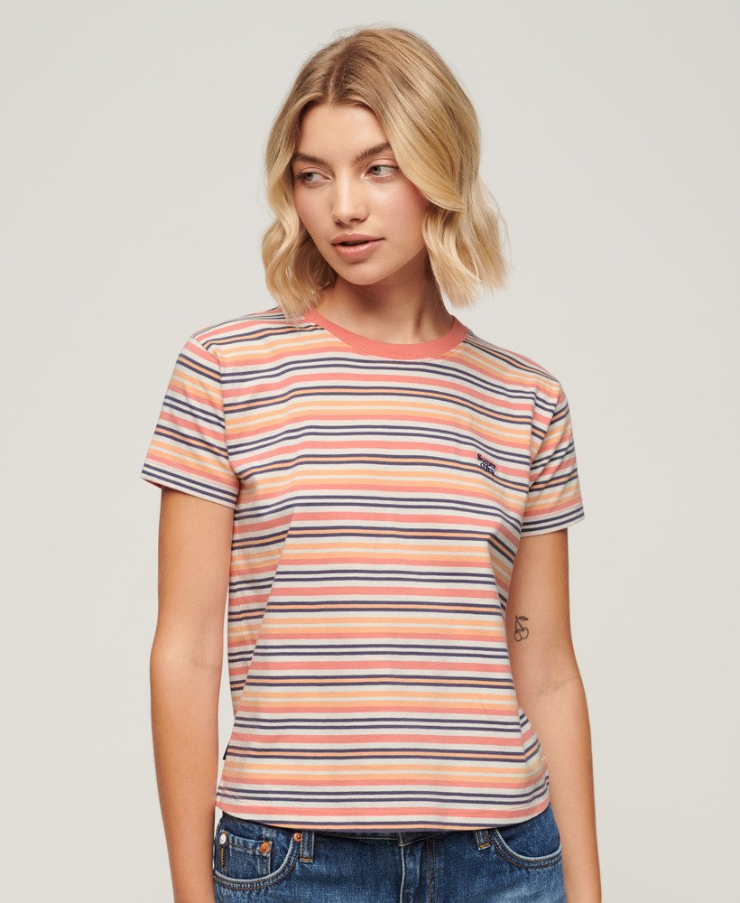 エッセンシャル ロゴ ストライプ フィット tシャツ(サンセットコーラルストライプ)