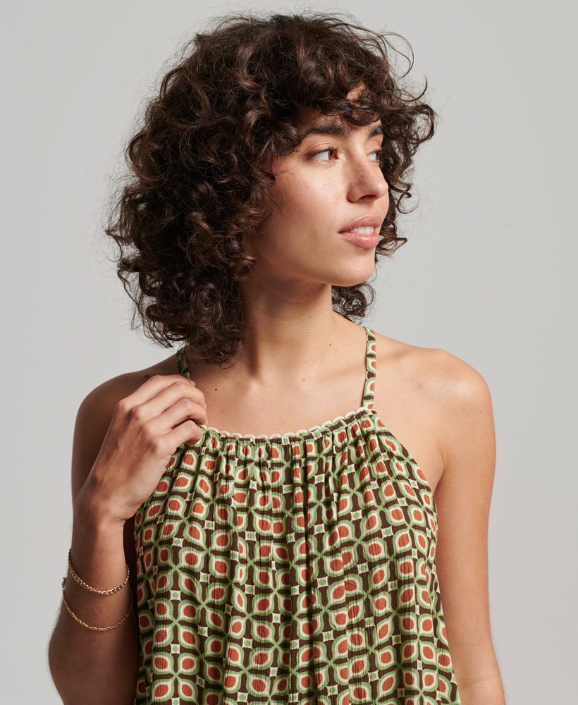 レトロなタイルプリントのホルターネックビーチキャミトップ